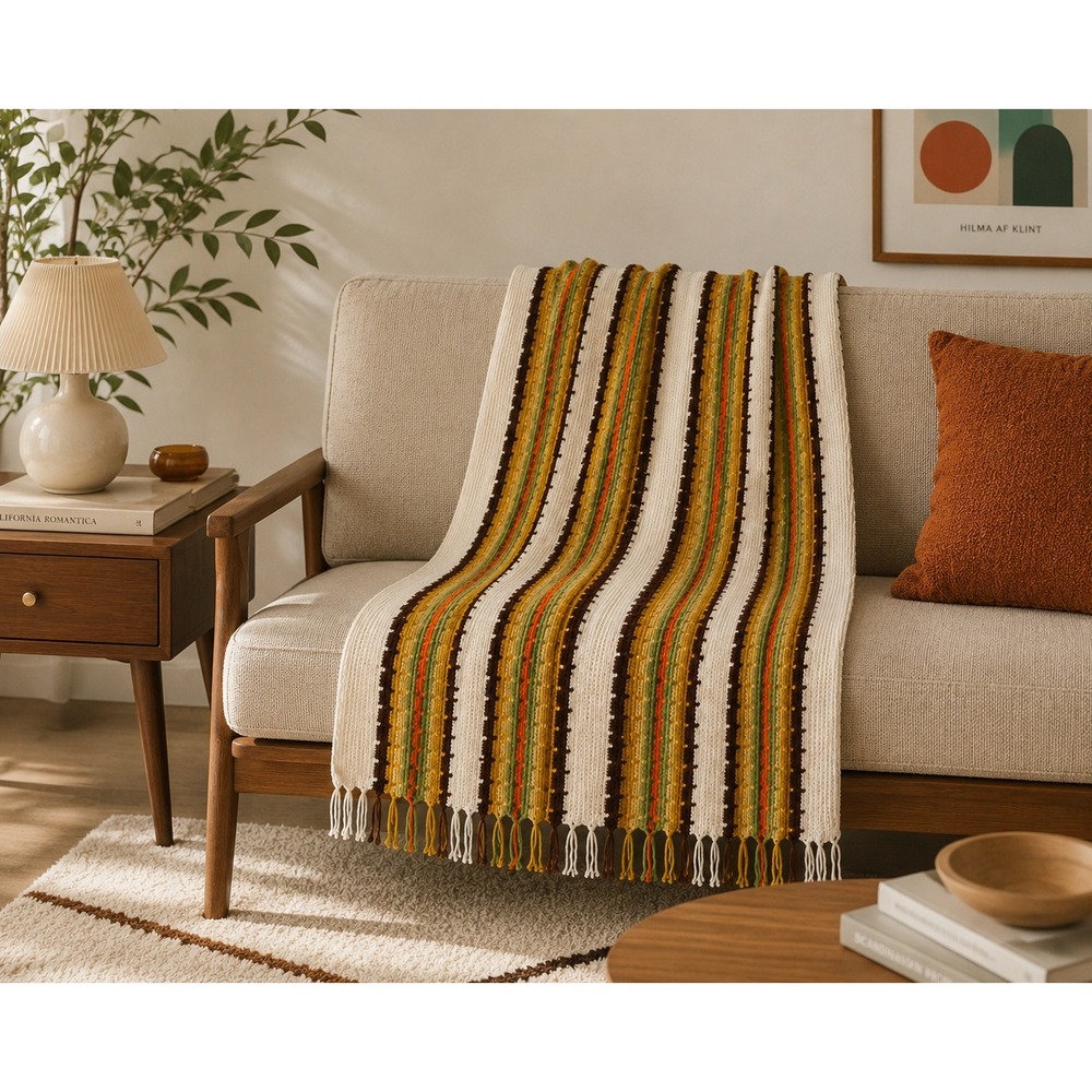 Handmade Crochet Afghan Throw Blanket MCM Boho Retro Striped Fringe Earthy 40x68 - Picture 1 of 7